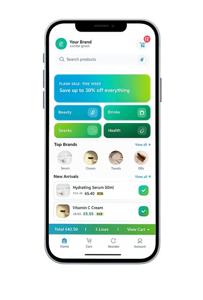 Your branded B2C and B2B ordering app shown on a smartphone