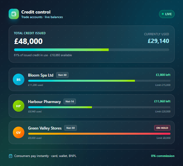 Credit control dashboard with per-account trade credit limits and live balances