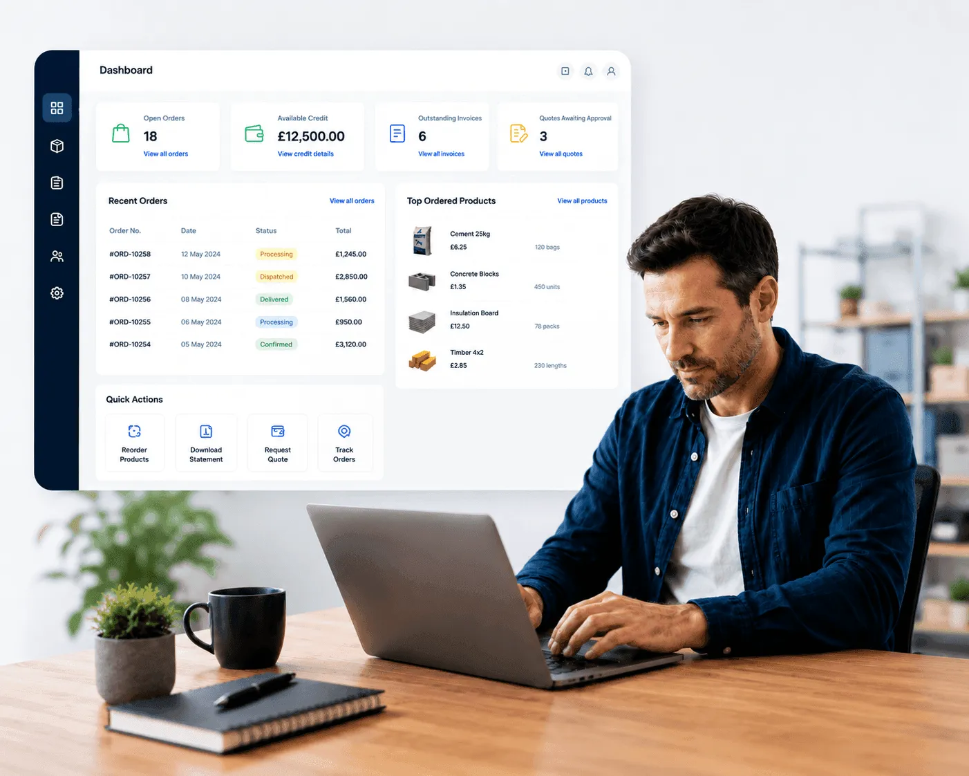 Trade buyer using the JustSell B2B customer portal to reorder, check pricing and track deliveries