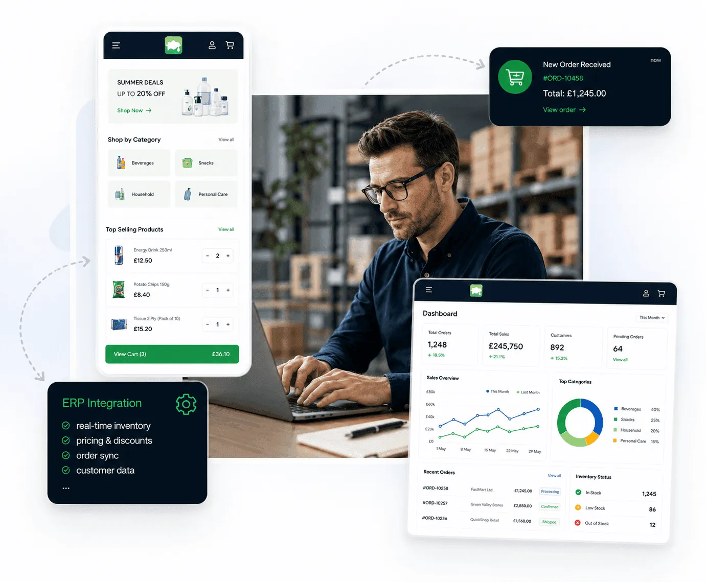 Distributor managing trade portal, branded ordering app and ERP-connected dashboard on JustSell