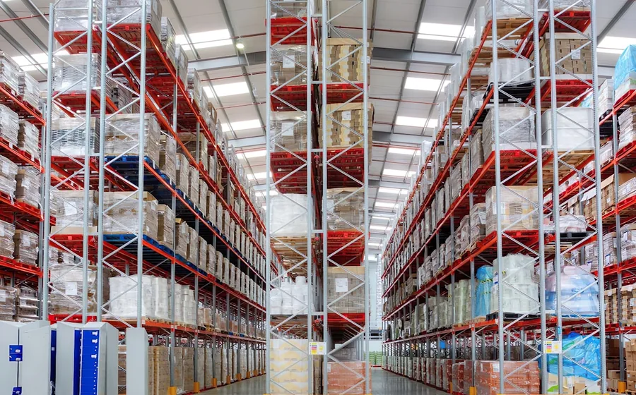 Tall pallet racking stacked with cased trade stock in a wholesale distribution warehouse