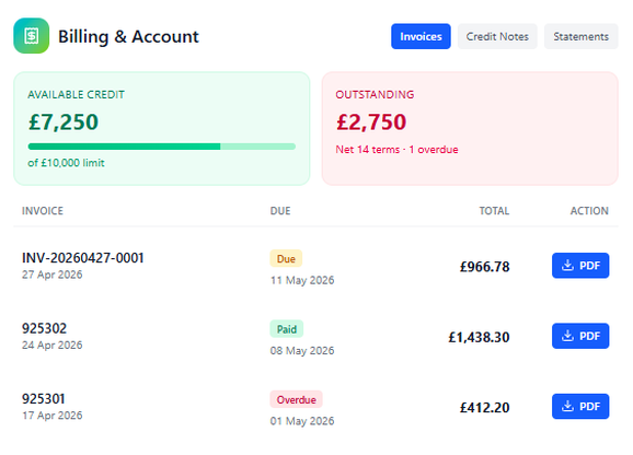 JustSell billing and account statement panel