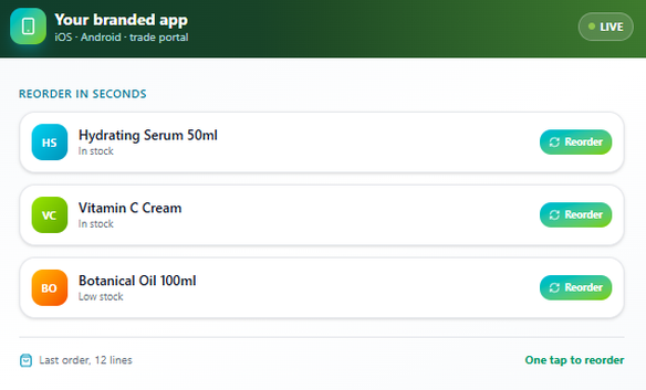JustSell branded ordering app panel