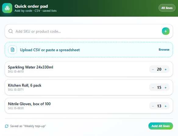 JustSell quick order pad panel