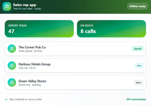 JustSell sales rep and van-sales app panel