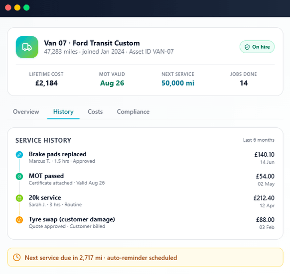 JustSell asset service history timeline panel