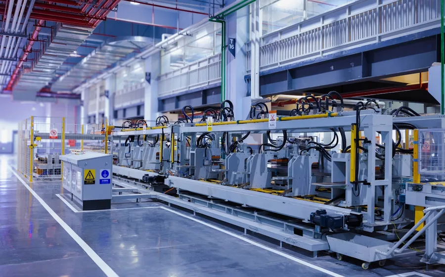 Rows of automated machinery running on the floor of an engineering and industrial factory