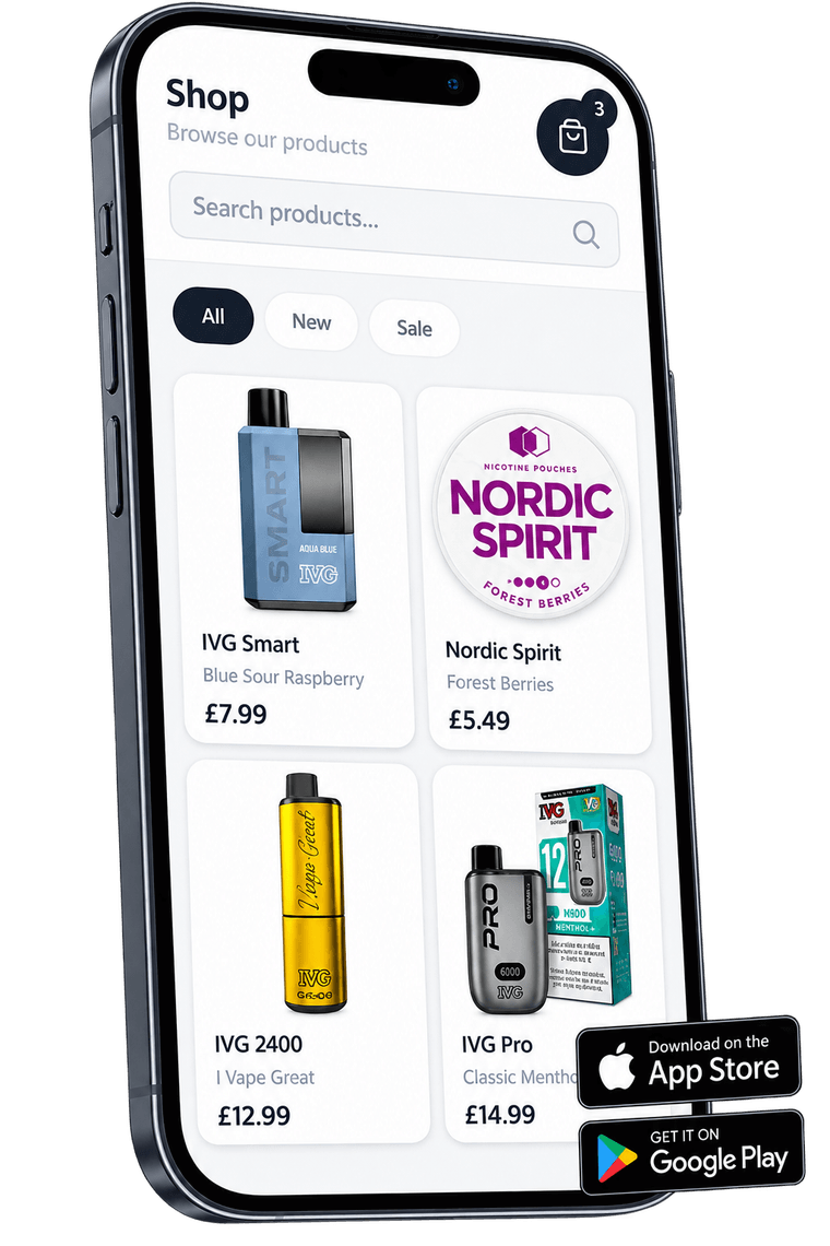 Your own branded JustSell app on a phone, available to download on the Apple App Store and Google Play. The Shop screen shows a product search, All, New and Sale filters, a three-item basket and priced products: IVG Smart Blue Sour Raspberry at £7.99, Nordic Spirit Forest Berries at £5.49, IVG 2400 at £12.99 and IVG Pro Classic Menthol at £14.99