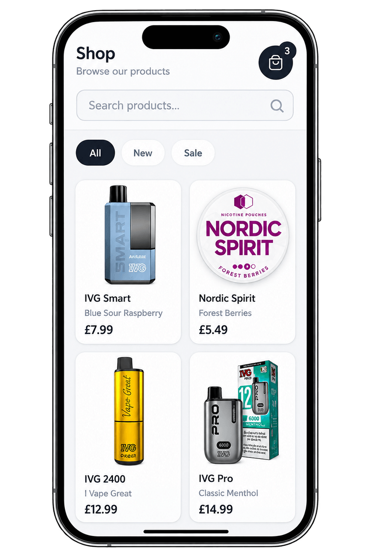 JustSell branded customer ordering app on a phone, showing the Shop screen with a product search bar, All, New and Sale filters, a three-item basket and priced products: IVG Smart Blue Sour Raspberry at £7.99, Nordic Spirit Forest Berries at £5.49, IVG 2400 at £12.99 and IVG Pro Classic Menthol at £14.99