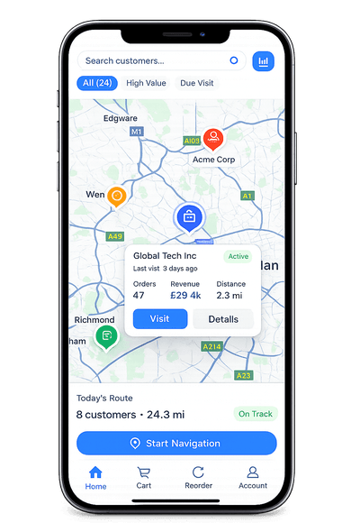 Sales rep app showing a live route map with nearby trade accounts and customer details