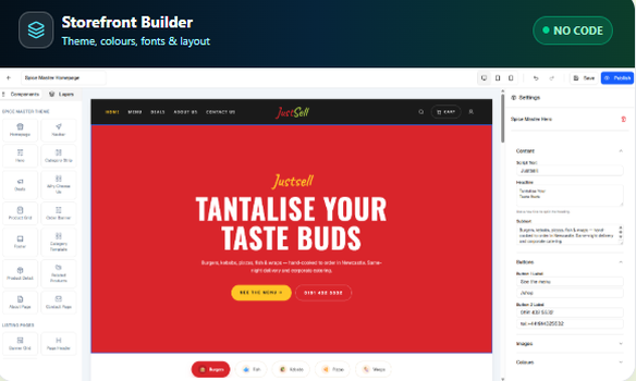 No-code storefront builder for customising theme, colours, fonts and layout